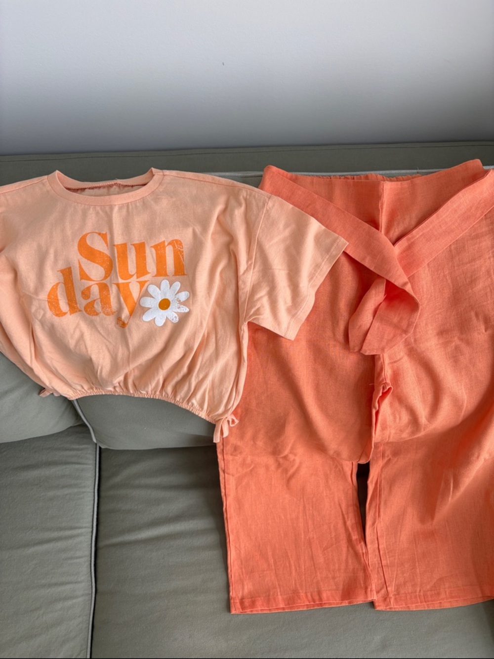 Peach 'Sunday' Cropped Tee & Coral Wrap linen pants Set